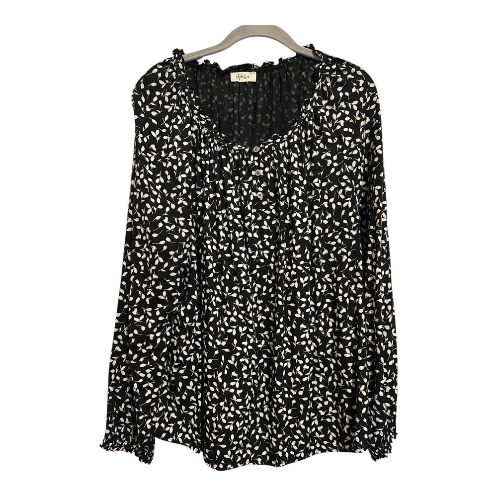 Style & Co Blouse Women's XXL Black Floral Cottagecore Boho Long Sleeve Top Work